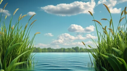 Obraz premium A serene lake scene with tall green grass framing the view of blue water and a bright sky with fluffy white clouds.