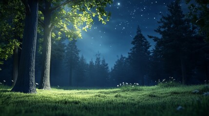 Obraz premium A serene forest clearing bathed in moonlight, with tall trees casting long shadows. The night sky is filled with twinkling stars.