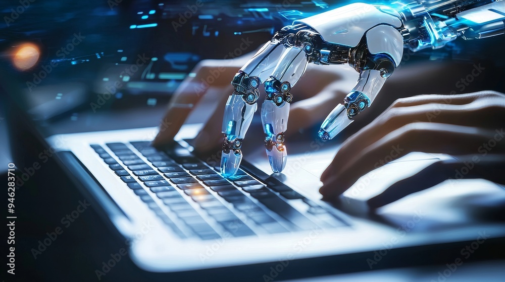 Poster Computer user searches for technology smart open AI or stock using a stock chatbot.