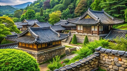 Ancient stone walls and traditional tiled roofs of a historic Korean temple harmoniously blend with lush greenery in a serene natural surroundings.