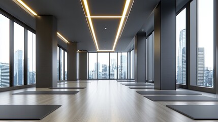 The yoga studio offers a serene atmosphere with blue and gray mats arranged neatly on white wooden floors, bathed in natural light from large windows