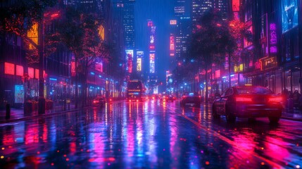 Obraz premium Vibrant city street at night, illuminated by neon lights and reflecting on wet pavement, creating a mesmerizing urban scene.