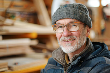 A man wearing a gray hat and glasses is smiling