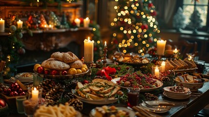 This inviting scene showcases a cozy Christmas dinner table filled with holiday treats, flickering candles, and charming decorations, embodying the warmth and joy of family gatherings.