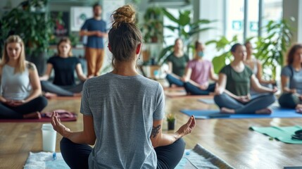 A yoga instructor leading an office yoga class with participants engaged in mindful stretches