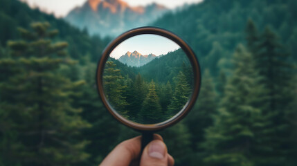Hand Holding Magnifying Glass Over Forest
