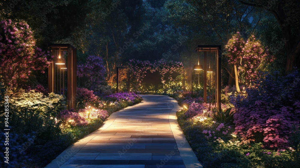 Poster Illuminated Path Through a Blooming Garden