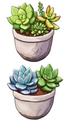 Colorful illustration of succulent plants in concrete pots, cut out shapes