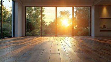 An empty room with bare walls and wooden floors lit by natural light from large windows, depicting the concept of renovation and potential for transformation.