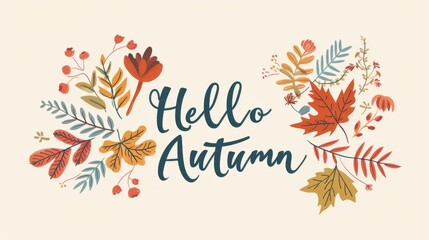 Autumn leaves with berries and hello autumn text on beige background