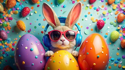 A playful Easter bunny peeks out from behind a gigantic egg, wearing oversized sunglasses and a bright orange headphones, surrounded by colorful confetti and balloons.