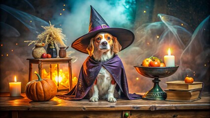 A playful dog dressed in a miniature witch's hat and cape sits on a broomstick, surrounded by magical potions and spellbooks, in a whimsical setting.