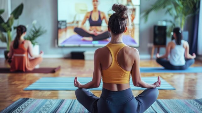 A virtual yoga class in progress with participants visible on a screen and an instructor leading