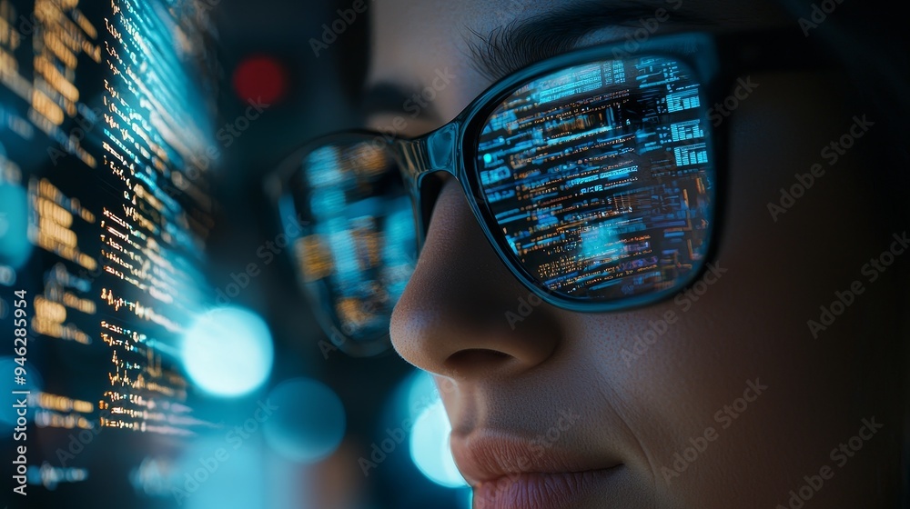 Poster Hologram of software coding and woman in information technology and GDPR overlay Programmer in glasses reading data analytics script programming and cybersecurity research related to: Stocks