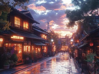 enchanting tokyo streetscape at dusk cozy animestyle illustration warm glowing windows traditional architecture meets modern charm serene urban scene