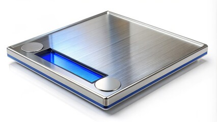 A precise digital scale with a transparent background, illuminated blue LED display, and silver accents, isolated on a white background, perfect for commerce and health themes.