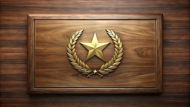 A polished wooden plaque with a gold-toned metal award symbol mounted on a richly grained walnut background, conveying excellence and recognition in a sophisticated setting.