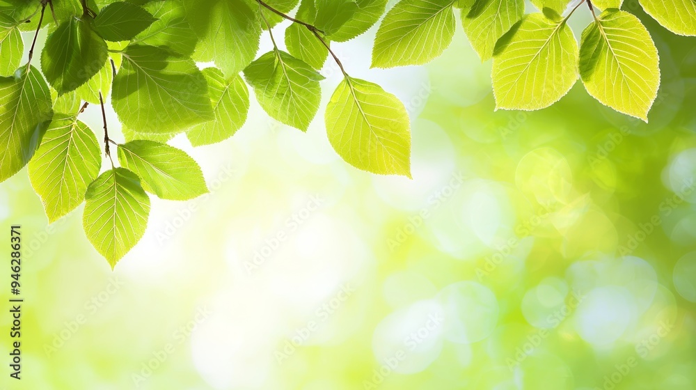 Poster nature view of green leaf on blurred greenery background in garden with sunlight and copy space used