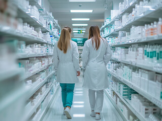 Two healthcare professionals walk through a bright pharmacy aisle filled with various medical products and supplies during daylight hours