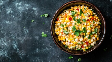 Top view of a bowl of esquites, corn salad with cheese, space for text