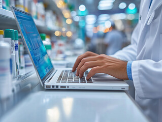 Pharmacist working on a laptop in a brightly lit pharmacy with shelves stocked with various medications