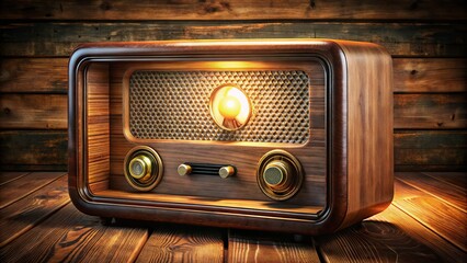 A retro-style analogue fm radio receiver with glowing tuning dial and worn wooden cabinet exudes nostalgic charm, evoking memories of classic music and broadcasting era.