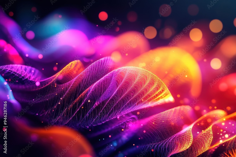 Poster Dynamic and colorful abstract digital art featuring swirling shapes and vibrant lights, creating a visually stunning modern background.