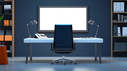 Naklejka premium Modern home office with a blank canvas and desk chair. Minimalist design with subtle lighting.