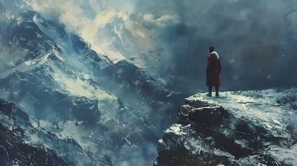 Man Standing on a Cliff Looking at the Mountains.