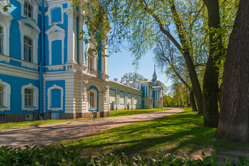 Saint Petersburg, Russia. Facade of the building with the park of the architectural ensemble of Resurrection of Christ Smolny Cathedral.