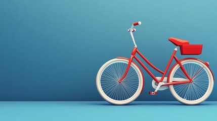 Fototapeta premium Red bicycle with white tires and a basket on a blue background.
