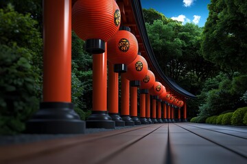 Japanese vermillion lanterns hanging in a line along a temple path, depicted in an artwork that creates a serene, almost mystical atmosphere