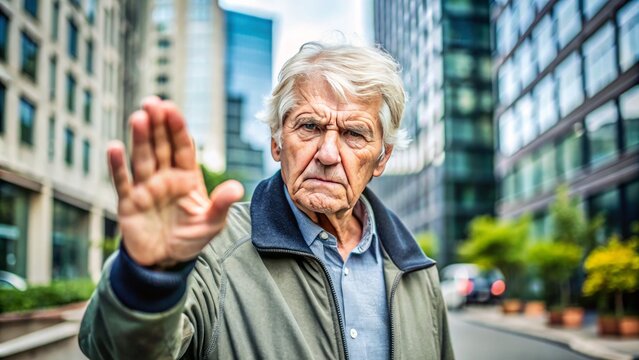 A senior citizen with a defiant expression gives a dismissive hand gesture, conveying a sense of disrespect and disinterest in a contemporary urban setting.