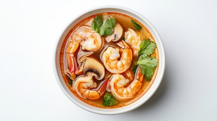 A detailed shot of a bowl of Tom Yum Goong with shrimp and mushrooms, with the soup clear broth and aromatic spices visible, set against a clean white background.