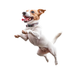 Floated cute dog jumping gesture try to bite something in the air isolate on transparency background PNG, dog jumping