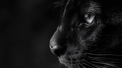 A close-up black and white image of a panther's face, highlighting its intense gaze and sleek features.