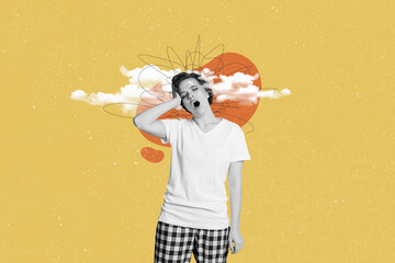 Collage picture sketch of sleepy tired girl want sleep late evening or early morning isolated on...