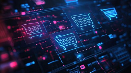 Touch screen interface with shopping cart icons, abstract design, room for text
