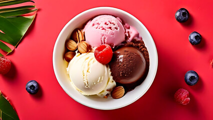 bowls of various ice creams  with fruit sauce , mixed fruit ice cream balls served in a cup table top view
