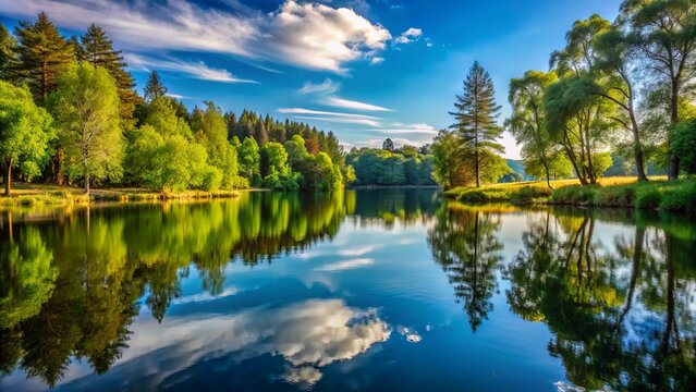 A serene lake's calm surface mirrors the surrounding trees, creating a sense of stillness and tranquility, evoking a feeling of being in a peaceful world.