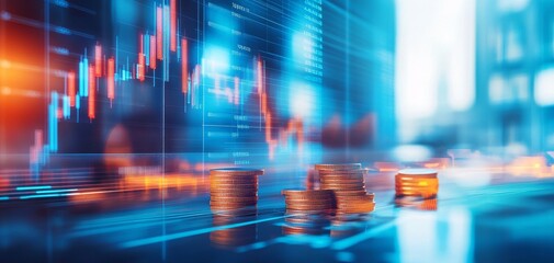 Vibrant financial graph overlaid with stacks of coins, symbolizing investment, growth, and modern finance in a digital world.