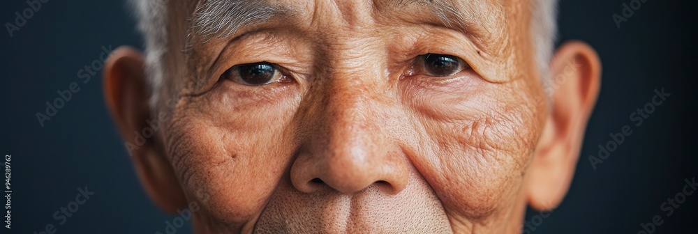Poster an elderly man representing various ethnicities displays warmth and tranquility while sitting in a s