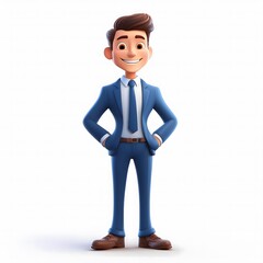 Obraz premium successful businessman in blue suit holding waist in 3d style, white background