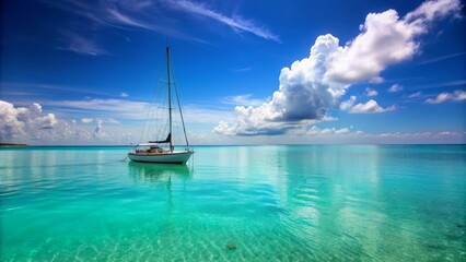 Obraz premium A serene sailboat glides effortlessly across turquoise waters as gentle, lapping waves ripple against its hull, set against a backdrop of clear blue summer sky.