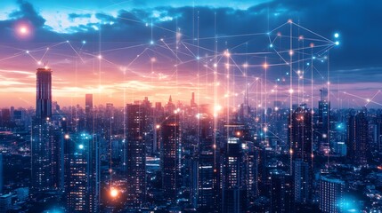 Futuristic cityscape with blockchain and AI data networks connecting buildings