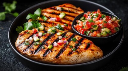 Juicy grilled chicken breast with a side of fresh salsa