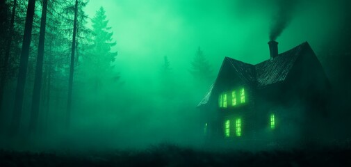 A mysterious haunted house shrouded in fog and illuminated by eerie green light, surrounded by dark forest.