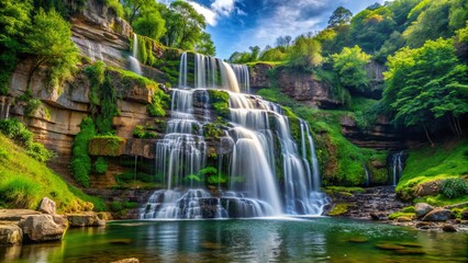 Fototapeta premium A serene waterfall cascades down a rocky cliffside, surrounded by lush greenery, symbolizing the precious and costly resource of fresh water in nature's splendor.