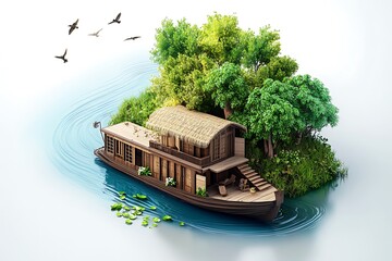 Tranquil 3D Isometric Rendering of Secluded Thai Riverboat Home Surrounded by Lush Greenery on Winding River - Detailed Illustration with Peaceful Serene Mood