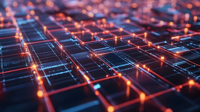 Blockchain and AI data network visualized as interconnected nodes on a digital grid